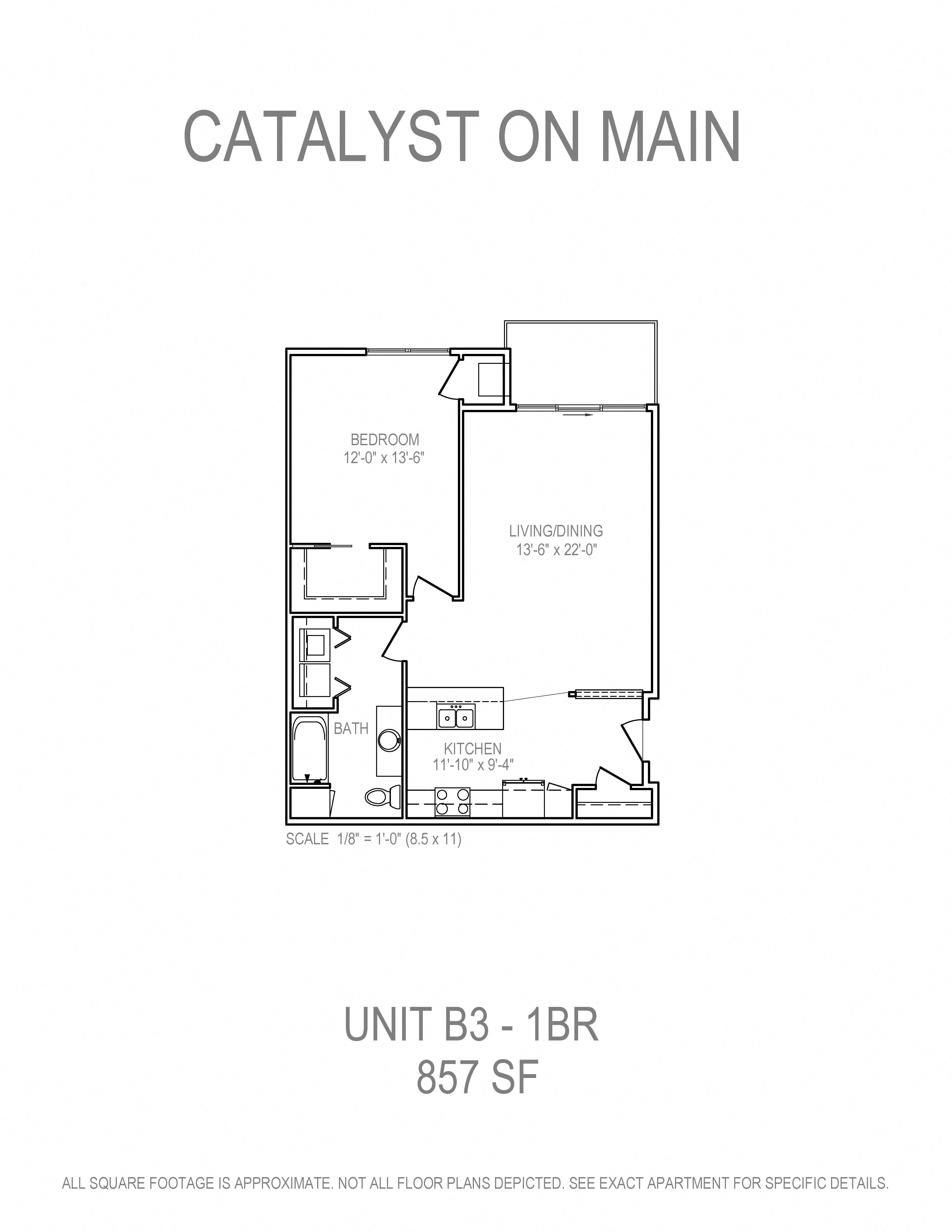 Floor plan for 1 bed, 1 bath, 857 sqft